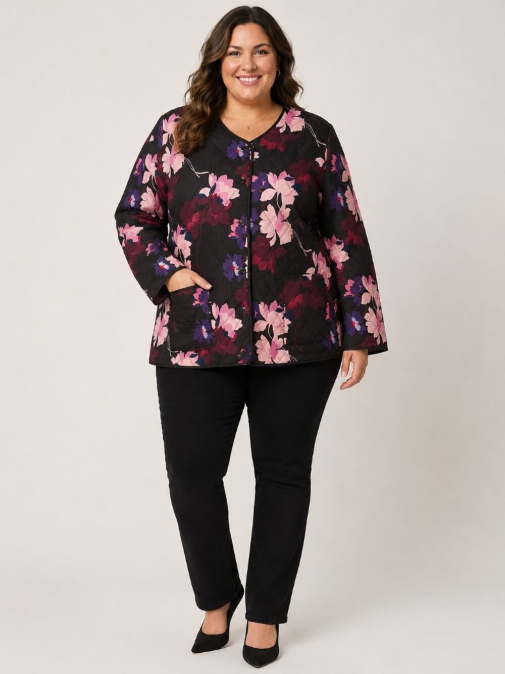 Liz Claiborne 3X Black Floral Quilted Jacket Button Front Lightweight NWT